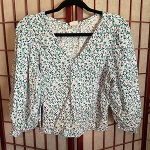 a new day Floral Puff Sleeve Blouse - Green and White